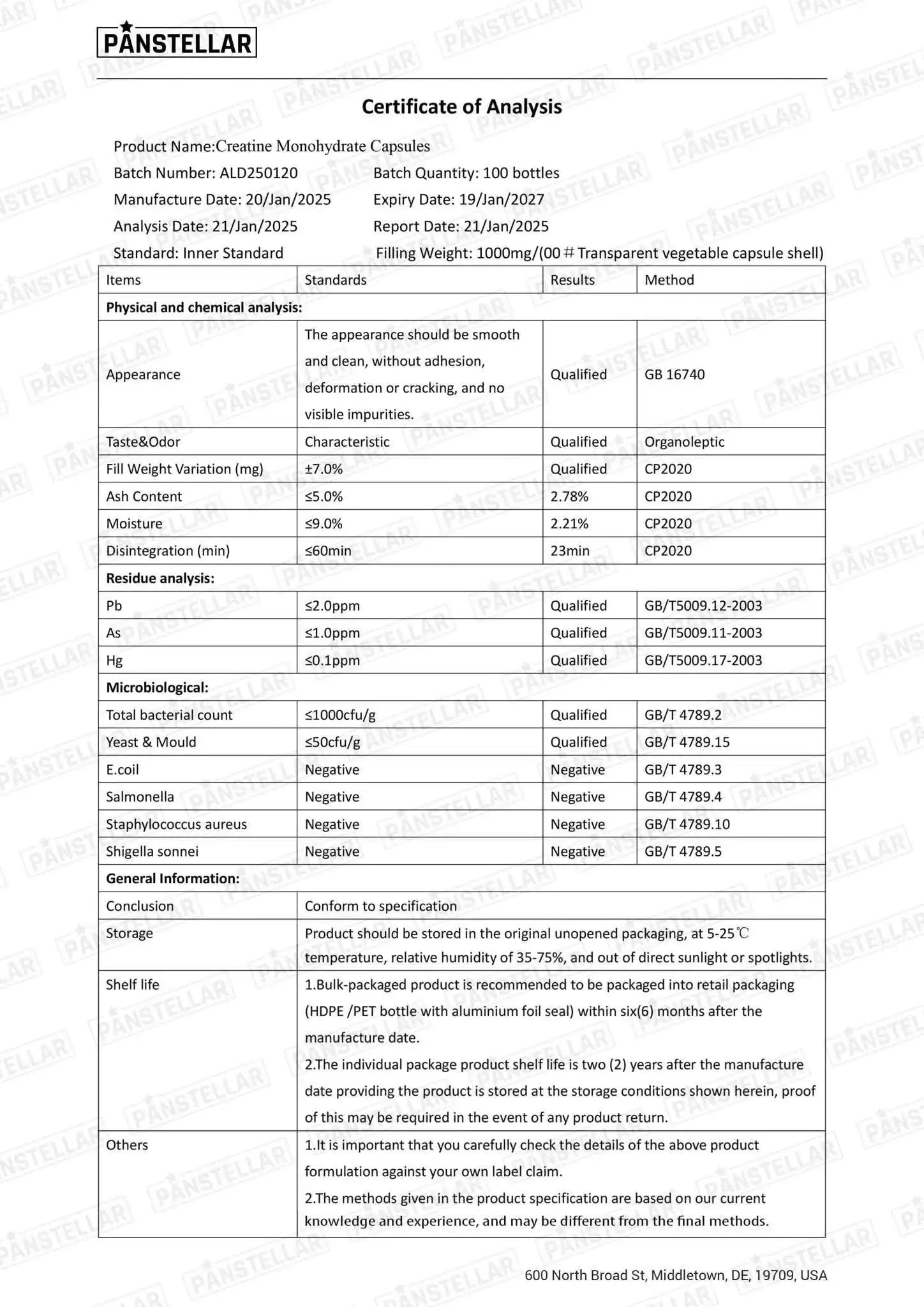 Certificate of Analysis for Creatine Monohydrate Capsules listing batch details, test results, and purity data.