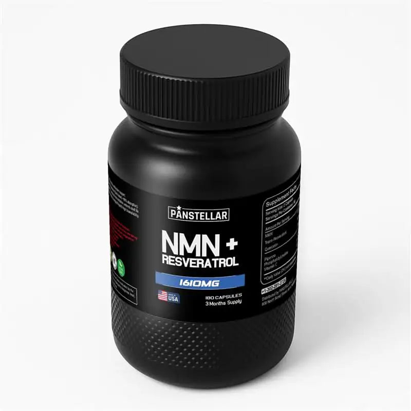 Black bottle of NMN + Resveratrol 1610mg supplement with USA flag label on white background