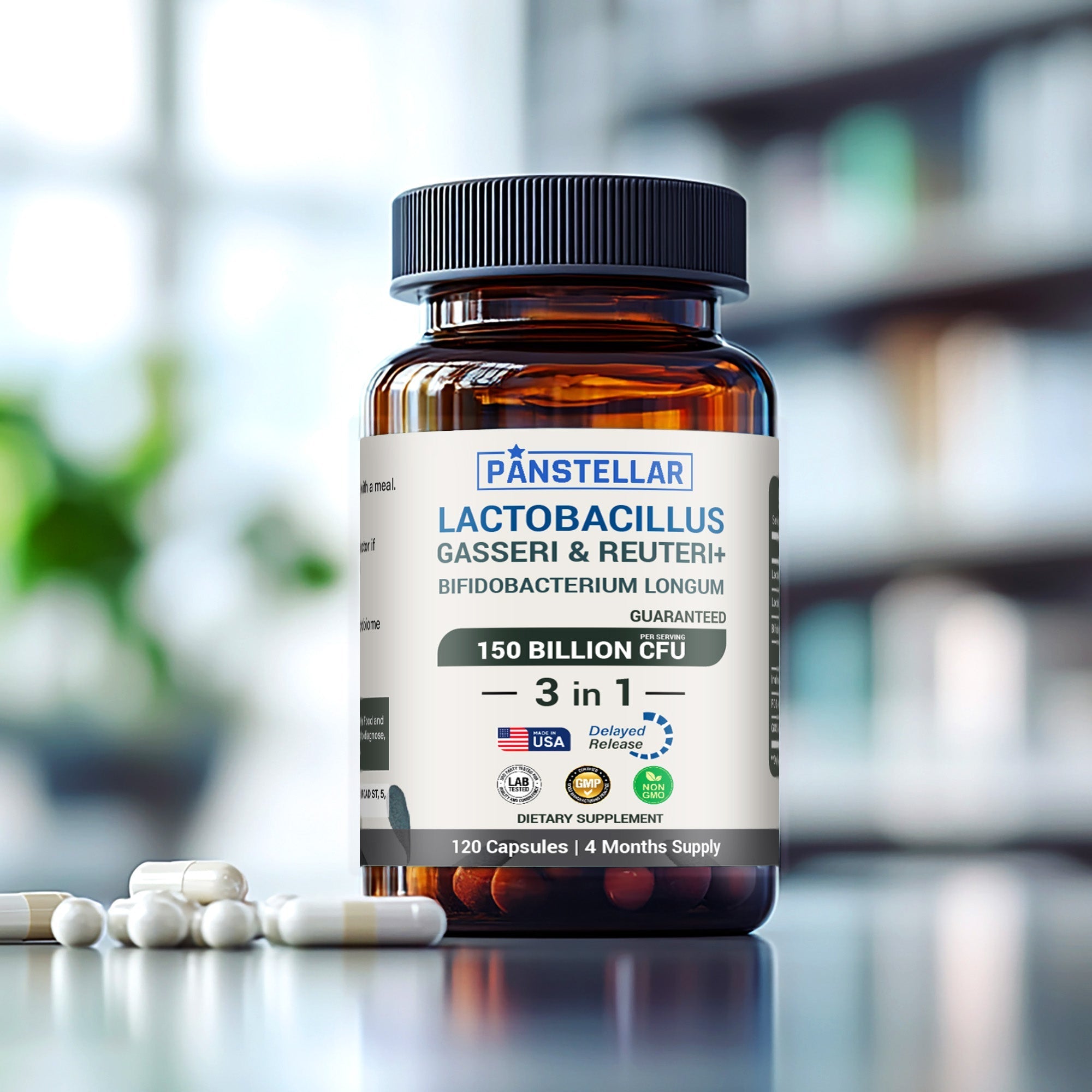 Lactobacillus Gasseri and Reuteri probiotic supplement bottle with capsules on table