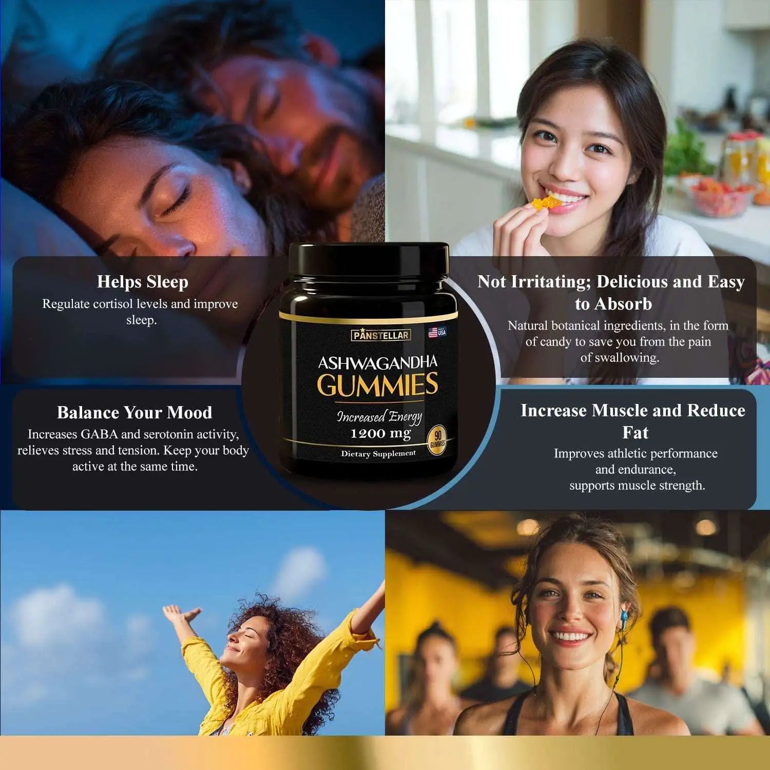 Ashwagandha gummies supplement jar surrounded by benefits like better sleep, mood balance, easy absorption, and muscle support, with happy people in lifestyle settings.