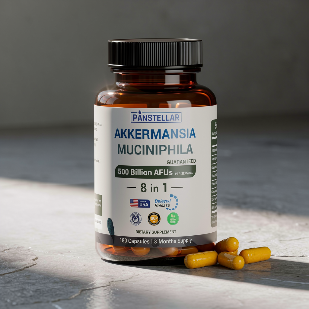 Akkermansia Muciniphila probiotic supplement bottle with capsules on a gray surface