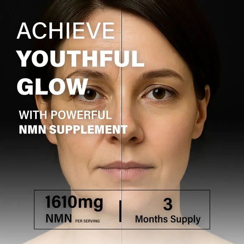 Before and after NMN supplement results on woman's face, 1610mg per serving, 3 months supply